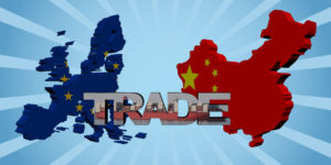 EU and Chinese map flags with trade text illustration